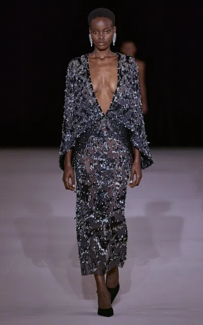 Georges Hobeika Sequined Cape-effect Silk-blend Midi Dress In Dark Grey