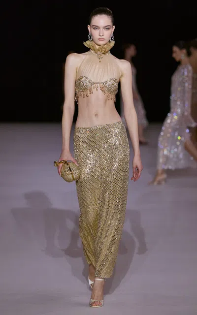 Georges Hobeika Sequined Silk-blend Halter Top In Gold