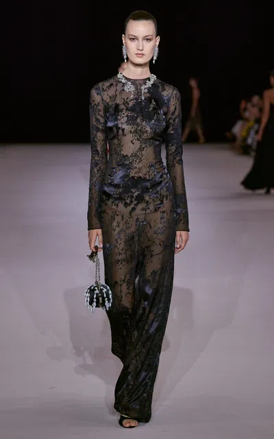Georges Hobeika Sheer Lace Silk-blend Maxi Dress In Black