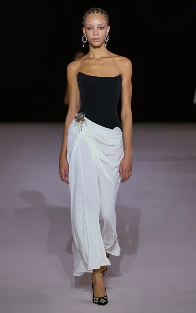 Georges Hobeika Strapless Draped Silk-blend Maxi Dress In Black,white