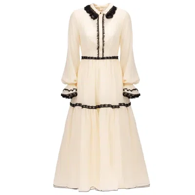 Georgette Cream Lace Trim Midi Dress In Beige