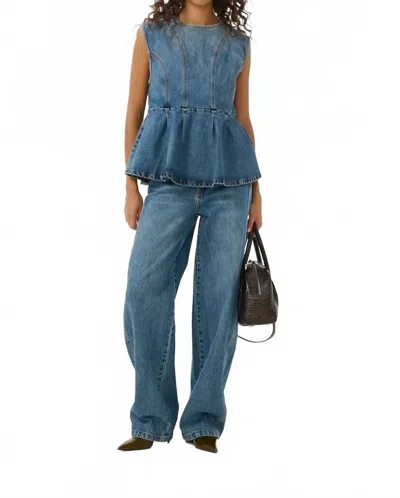 Gestuz Melu Denim Top In Classic Mid Blue Wash