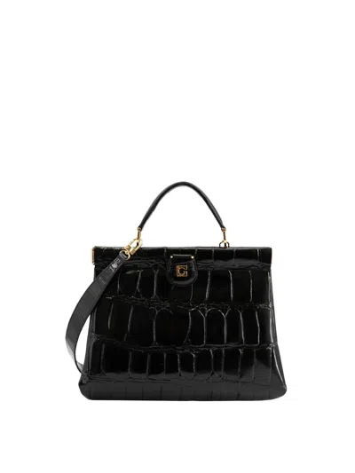 Gherardini 1212 Croc-embossed Calfskin Leather Architectural Tote Bag In Black