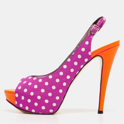 Pre-owned Gina Tricolor Polka Dot Canvas Open Toe Platform Pumps Size 39 In Pink