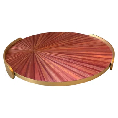 Pre-owned Ginger Brown Round Tray In Brass And Pink Straw Marquetry By