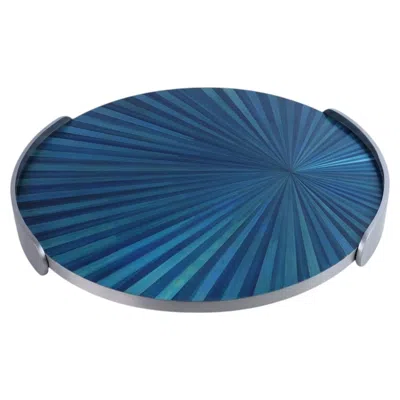 Pre-owned Ginger Brown Round Tray In Sainless Steel And Blue Straw Marquetry By