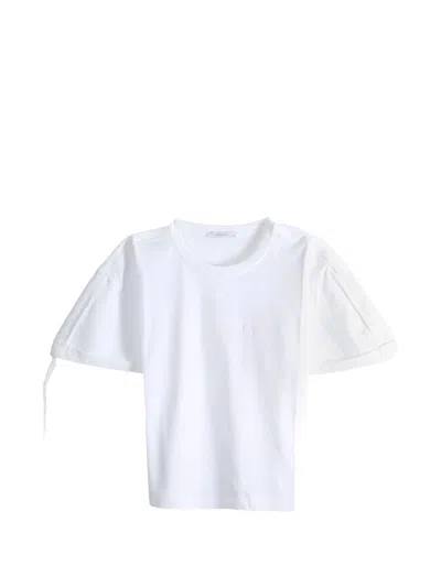 Givenchy Cotton Short-sleeve T-shirt With Embroidered Signature And Poplin Bow Sleeves In Bianco