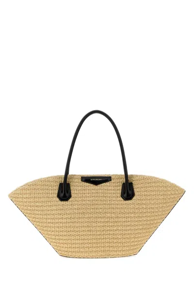 Givenchy Raffia Mini Antigona Sunset Shopping Handbag - Golden Metal Finishing In Beige O Tan