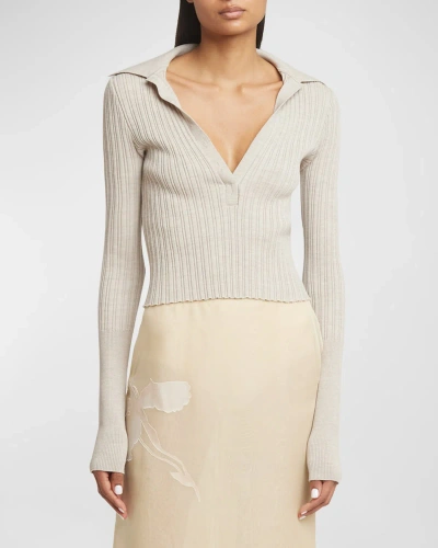 Givenchy Ribbed Polo Long-sleeve Top In Natural Beige