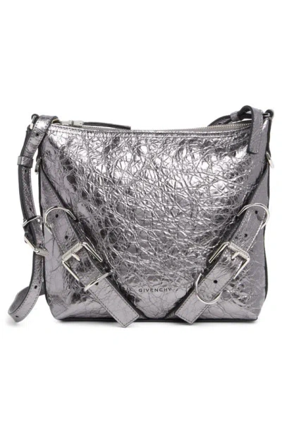 Givenchy Small Voyou Crinkled Metallic Leather Shoulder Bag In Silvery Grey