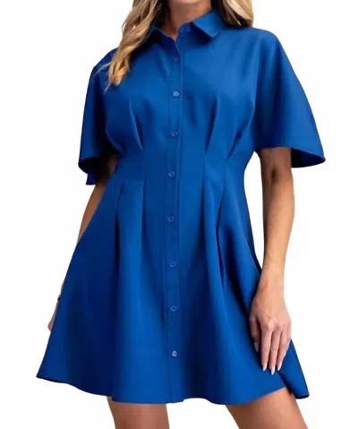 Glam Short Sleeve Shirt Pleated Mini Dress In Royal In Blue