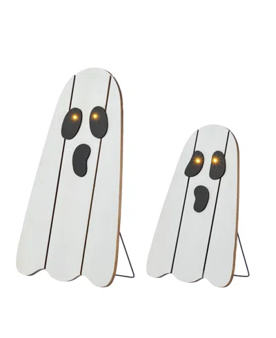 Glitzhome Halloween Lighted Wooden White Ghost Porch Decor With Timer, Set Of 2 In Multi