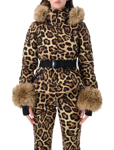 Goldbergh Leopard Print Fur Trim Hooded Belted Puffer Coat In Animal Print