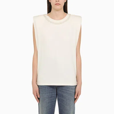 Golden Goose White Cotton Tank Top With Pearl Detail