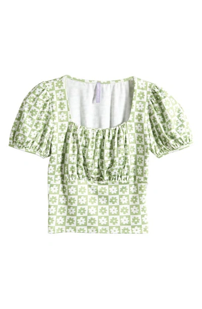 Good Luck Girl Kids' Floral Puff Sleeve Top In Lime Ivory