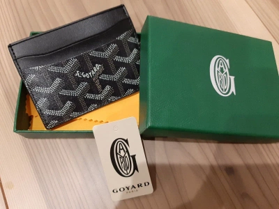 Pre-owned Goyard Card Holder Unused Black Pvc Leather Herringbone Box Made In France