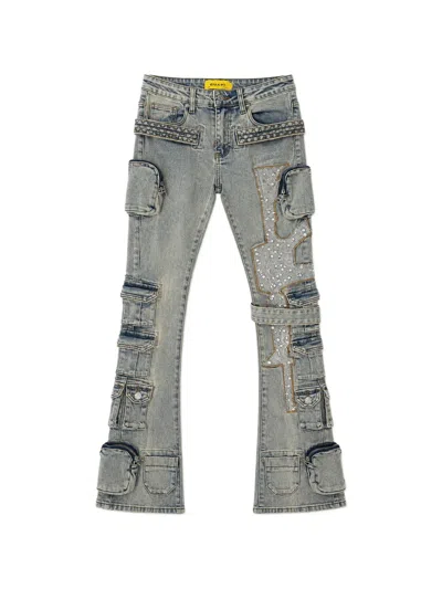 Guapi Rhinestone-embellished Quilted-panel Jeans In Gray