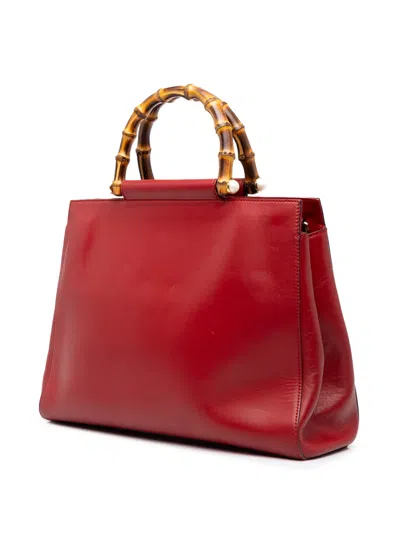 Pre-owned Gucci 2000-2015 Medium Calfskin Bamboo Nymphaea Satchel In Red