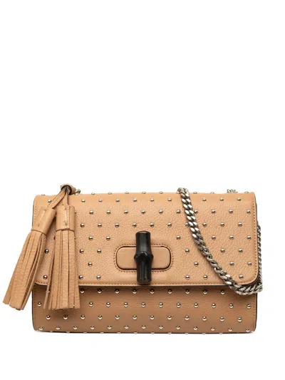 Pre-owned Gucci 2000-2015 Medium Leather Studded Miss Bamboo Crossbody Bag In Neutrals