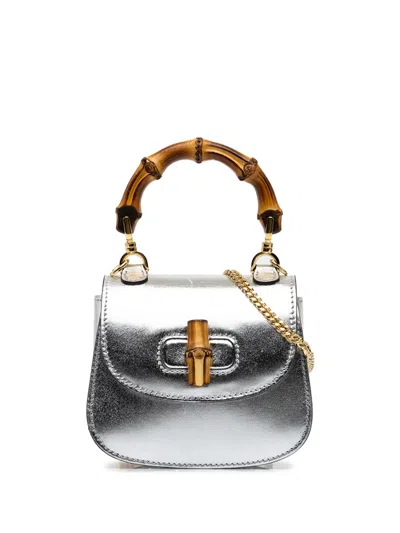 Pre-owned Gucci 2000-2015 Nano Metallic Calfskin 1947 Bamboo Top Handle Bag Satchel In Silver