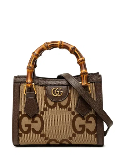 Pre-owned Gucci 2016-2026 Mini Jumbo Gg Canvas Bamboo Diana Satchel In Neutrals