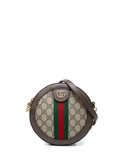 Pre-owned Gucci 2018 Mini Gg Supreme Web Ophidia Round Crossbody Bag In Neutrals
