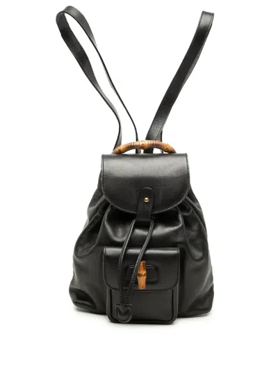 Pre-owned Gucci 20th Century Calfskin Bamboo Drawstring Backpack In Black