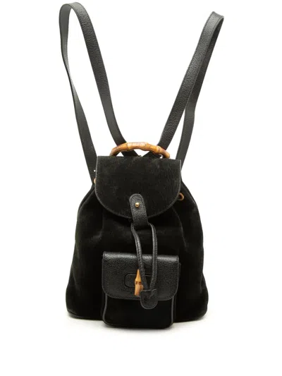 Pre-owned Gucci 20th Century Suede Bamboo Drawstring Backpack In Black