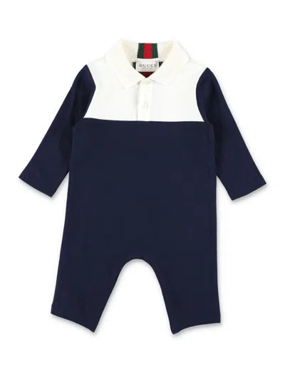 Gucci Baby Long-sleeve Polo Romper In Blu