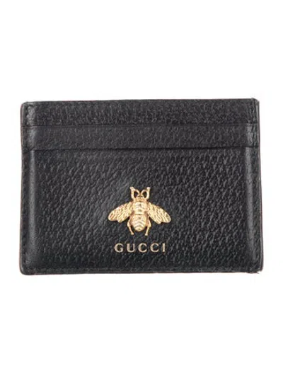 Pre-owned Gucci Bee Accent Leather Card Holder In Black