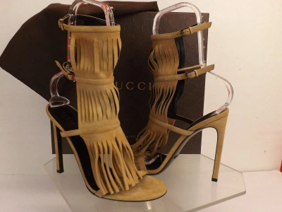 Pre-owned Gucci Beige Camelia Suede Fringe Becky Gladiator Heel Tall Sandals 37 7