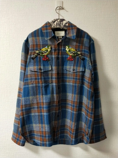 Pre-owned Gucci Bird Embroidered Check Shirt In Blue