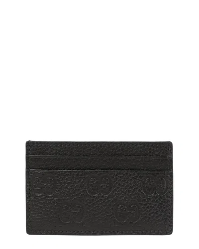 Pre-owned Gucci Black Leather Embossed Gg Card Case (authentic Pre-loved)