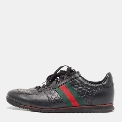 Pre-owned Gucci Black Leather Web Low Top Trainers Size 44