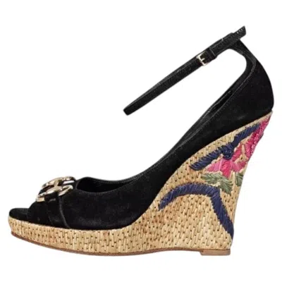 Pre-owned Gucci Black Suede Horsebit Wedge Sandals Eu 37.5 With Silver Hardware