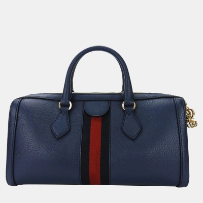 Pre-owned Gucci Blue Leather Ophidia Medium Boston Bag In Navy Blue