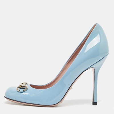 Pre-owned Gucci Blue Patent Leather Jolene Horsebit Square Toe Pumps Size 37