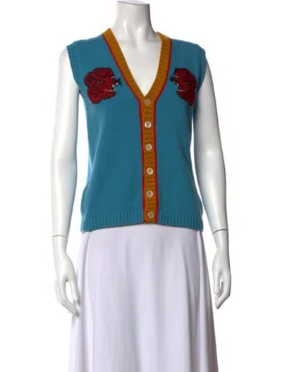 Pre-owned Gucci Kids' Boys' Embroidery Knit Sweater Vest In Blue
