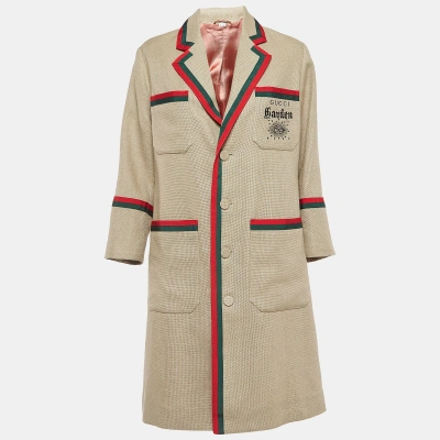 Pre-owned Gucci Brown Garden Embroidered Linen Mid-length Coat Xs
