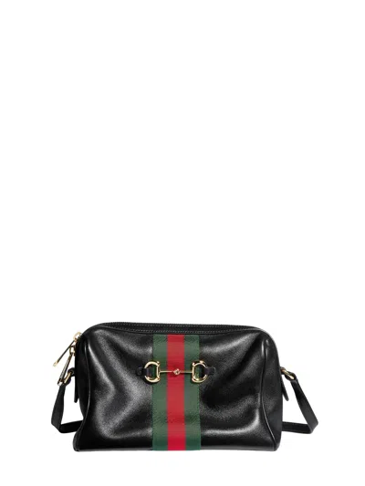 Gucci Camera Mini Handbag In Soft Calfskin Leather With Horsebit Detail And Web Stripe In Black
