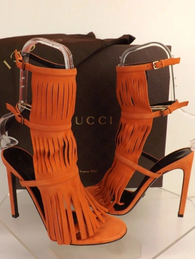 Pre-owned Gucci Dark Orange Suede Fringe Becky Gladiator Heel Tall Sandals 36.5 6.5