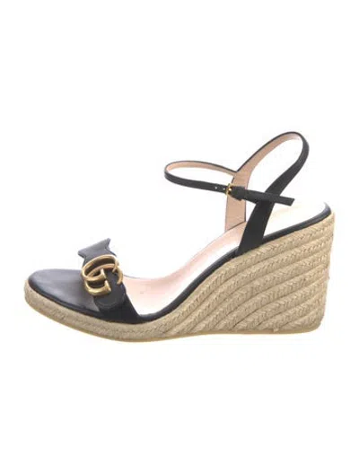 Pre-owned Gucci Double G Logo Leather Espadrilles In Black
