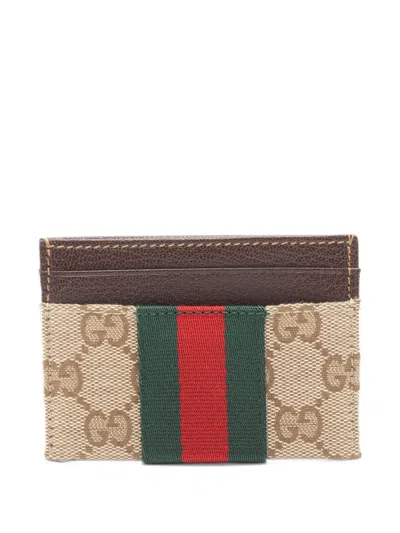 Pre-owned Gucci Gg Canvas Web Stripe Card Case In Neutrals