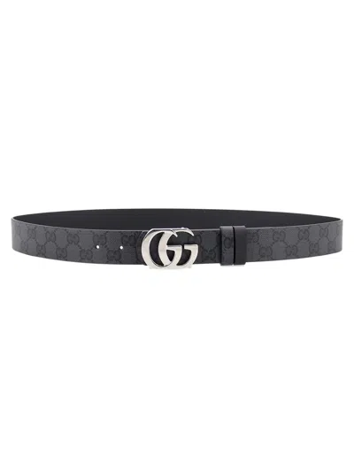 Gucci Gg Coated Canvas And Leather Belt With Double G Buckle, 3.5 Cm In Nero