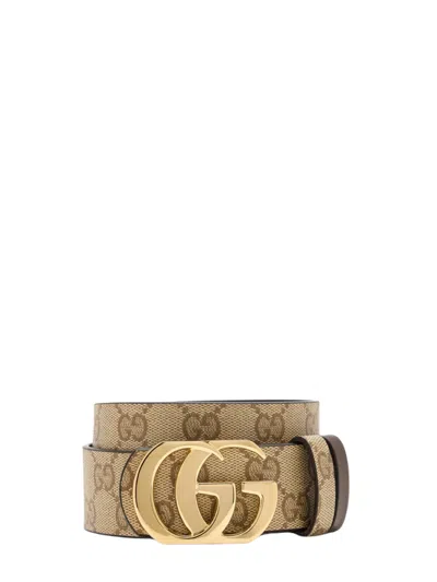 Gucci Gg Coated Canvas And Leather Belt With Double G Buckle, 3.5 Cm Width In Beige