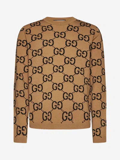 Gucci Gg Wool Knit Sweater In Black,camel