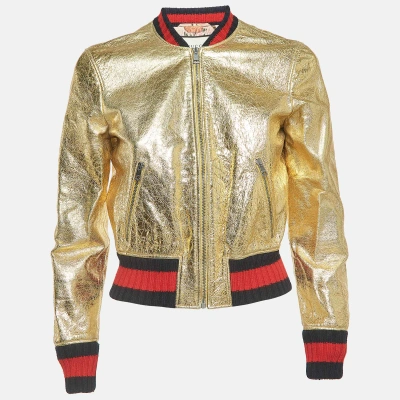 Pre-owned Gucci Gold Crinkled Leather Bomber Jacket S