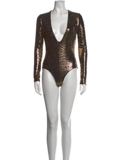 Pre-owned Gucci Graphic Print Plunge Neckline Bodysuit In Gold/metallic