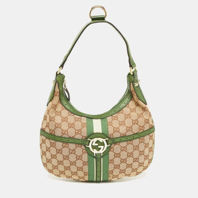 Pre-owned Gucci Green/beige Gg Canvas And Leather Reins Hobo