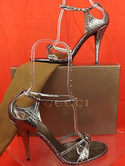 Pre-owned Gucci Gunmetal Python Leather Clear Stone Sandals Pumps 10 182032 In Gray